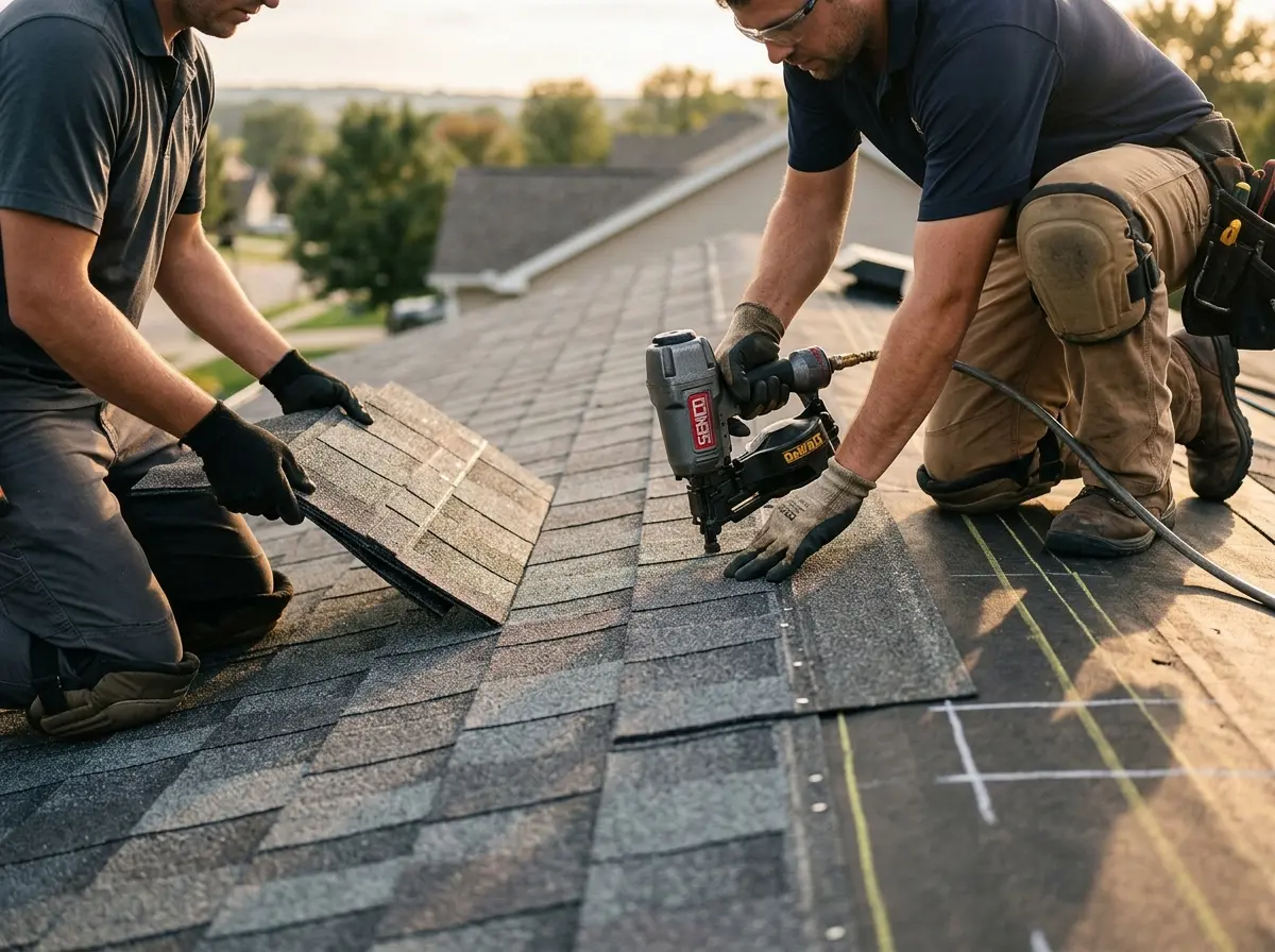 Professional roofer working on a residential roof in Castroville
